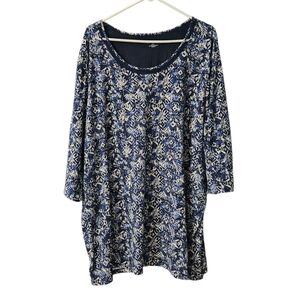 Catherines Patterned Top Women's Size 3X Detailed Neckline Blue Cream 3/4 Sleeve